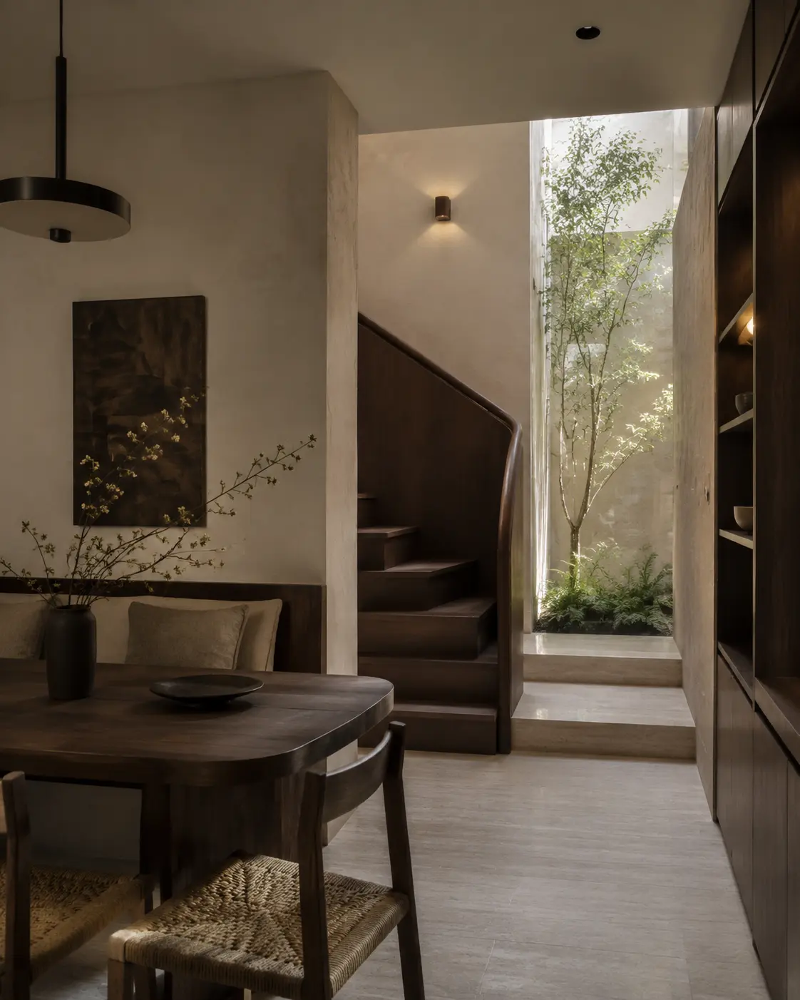 Townhouse dining nook beside a curved walnut staircase, with a planted light well and textured plaster walls beyond.
