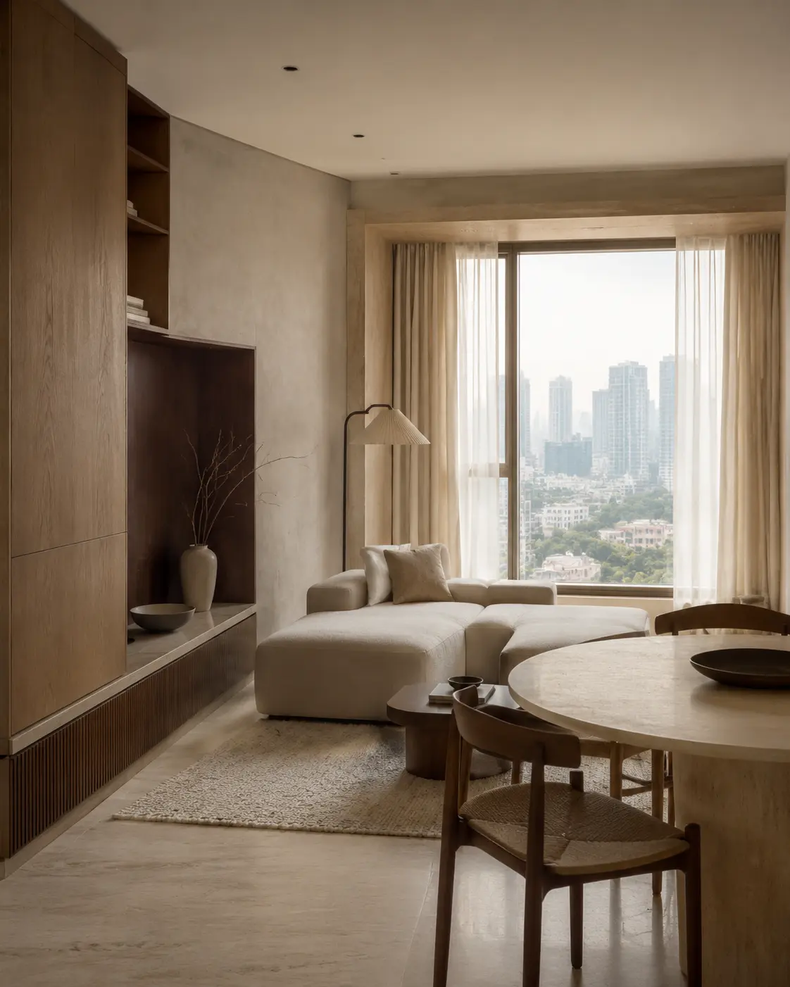 Compact apartment living and dining corner with a modular boucle sectional, round dining table and a floor-to-ceiling window over the Kuala Lumpur skyline.