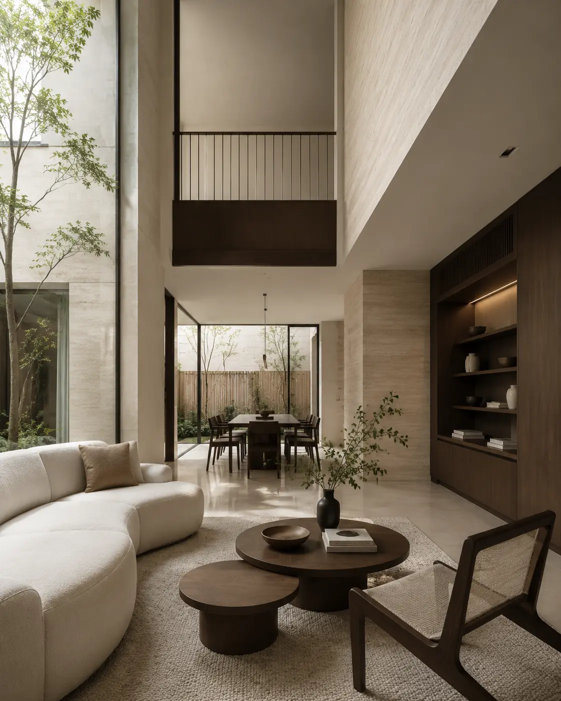 Double-height contemporary living and dining space with a curved boucle sofa, round walnut coffee tables and a timber-railed mezzanine above.