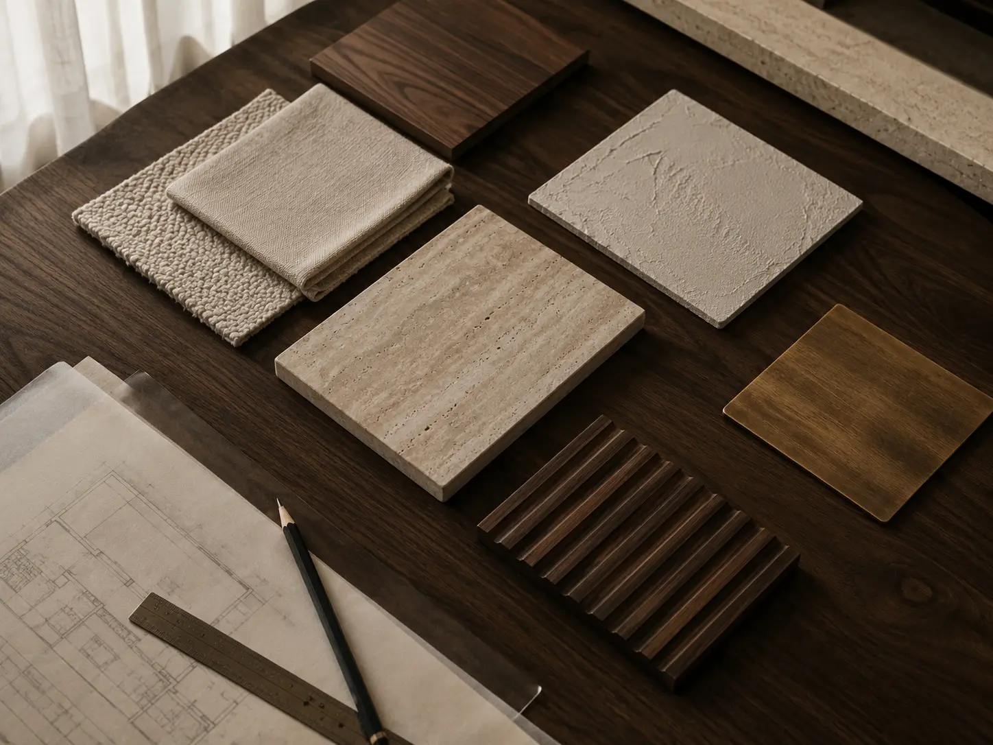 Overhead view of a material sample board with stone, plaster, timber, brass and textile swatches beside a hand-drawn floor plan.